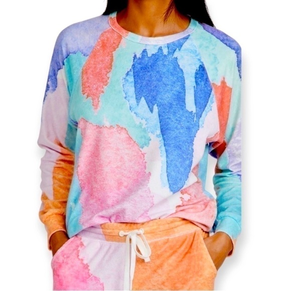 PJ Salvage Watercolor Art Class Terry Sweatshirt Multi Color Bohemian Lounge - Picture 1 of 13